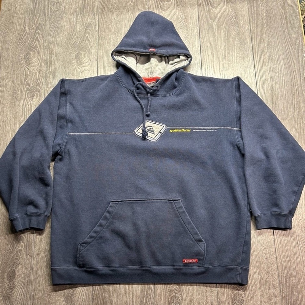Vintage Quiksilver Hoodie Mens XL Navy Blue Y2K Surf Graphic Pullover Sweatshirt